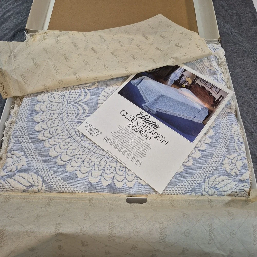 Vintage Double 98 X 112 Bates Queen Elizabeth Lt Blue Bedspread w Fringe In Box